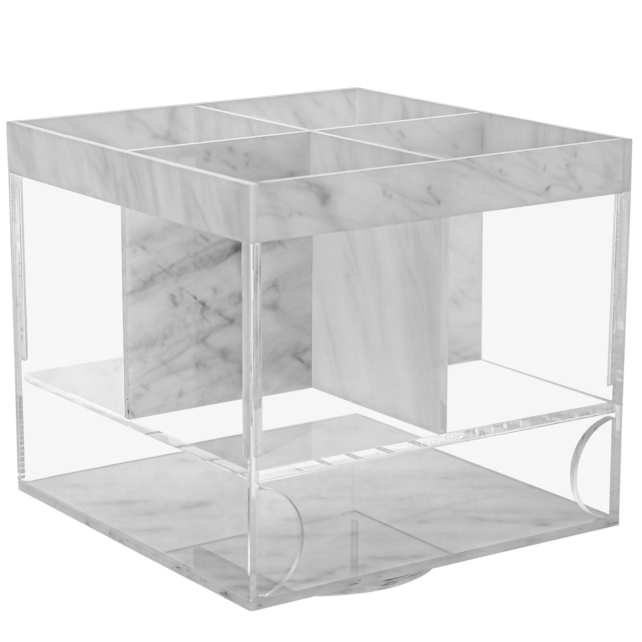 Marble Swivel Silverware Caddy with clear acrylic sides and marble veneer dividers, modern tabletop organizer by Waterdale Collection