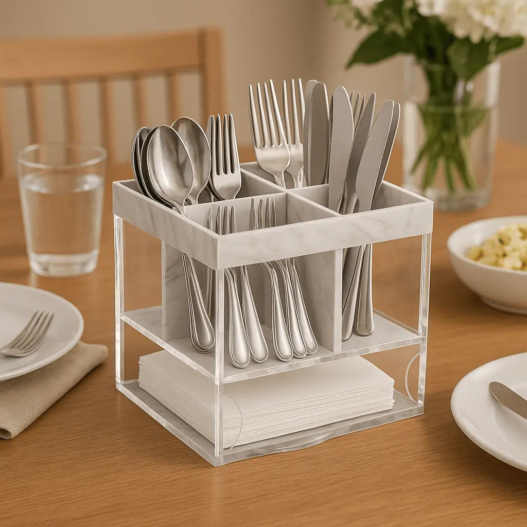 White marble swivel silverware caddy with utensil compartments displayed on dining table with place settings and flowers.