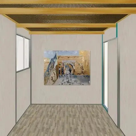 Meron vinyl sukkah decoration featuring a painted judaica scene with figures and architectural details, displayed on a white wall in a modern interior space.