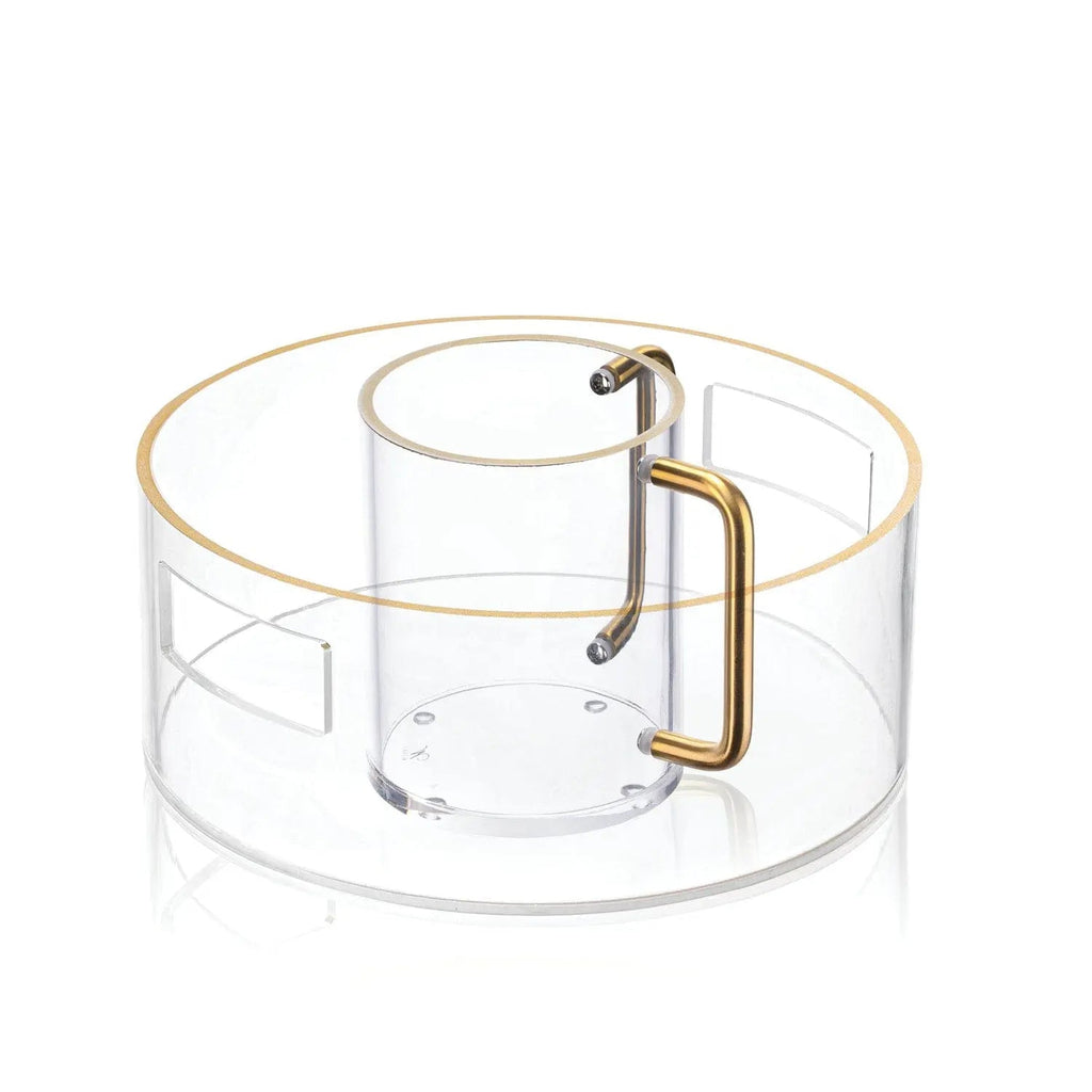 Waterdale Collection metallic washing bowl and cup set with brass handles and rim, clear glass design for Pesach tabletop use.