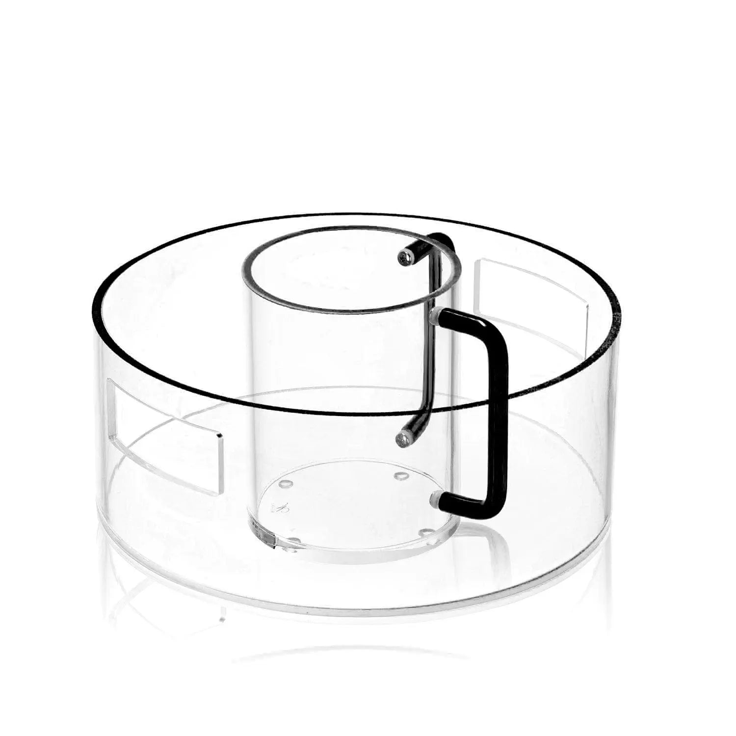 Metallic washing bowl and cup set with black handles, stainless steel design for holiday tabletop use.