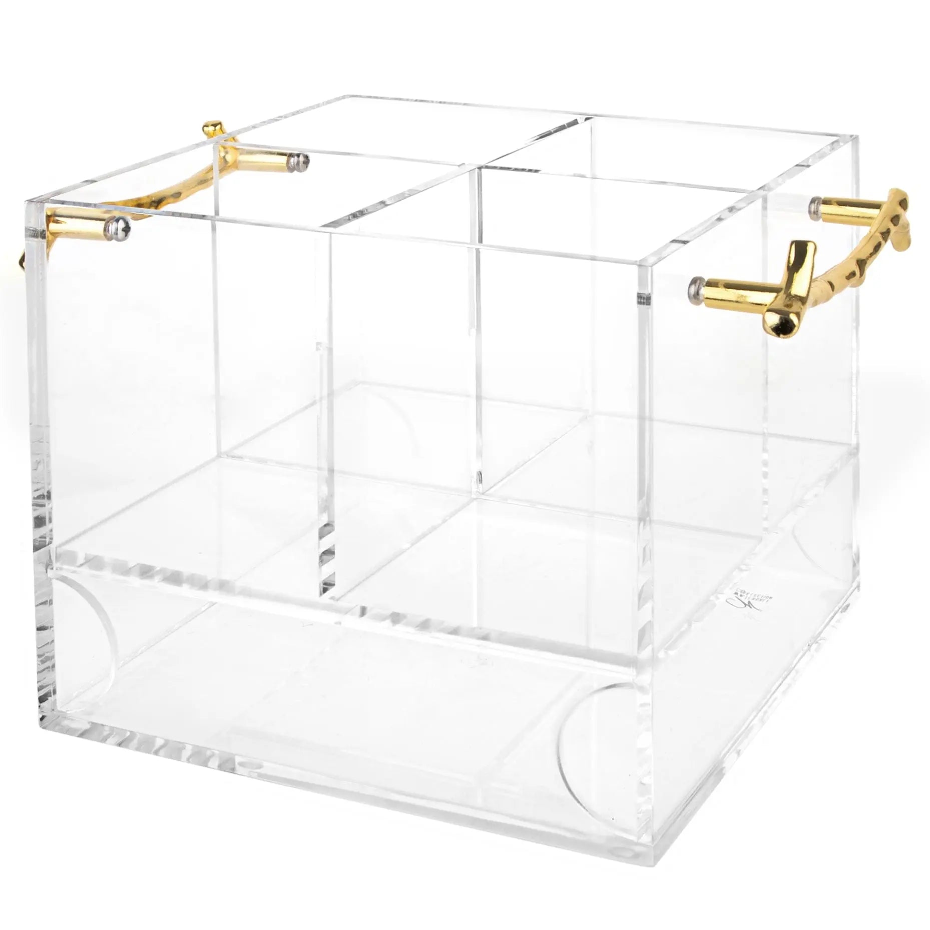Clear acrylic silverware caddy with gold twig-shaped handles and internal dividers for organizing flatware and utensils.