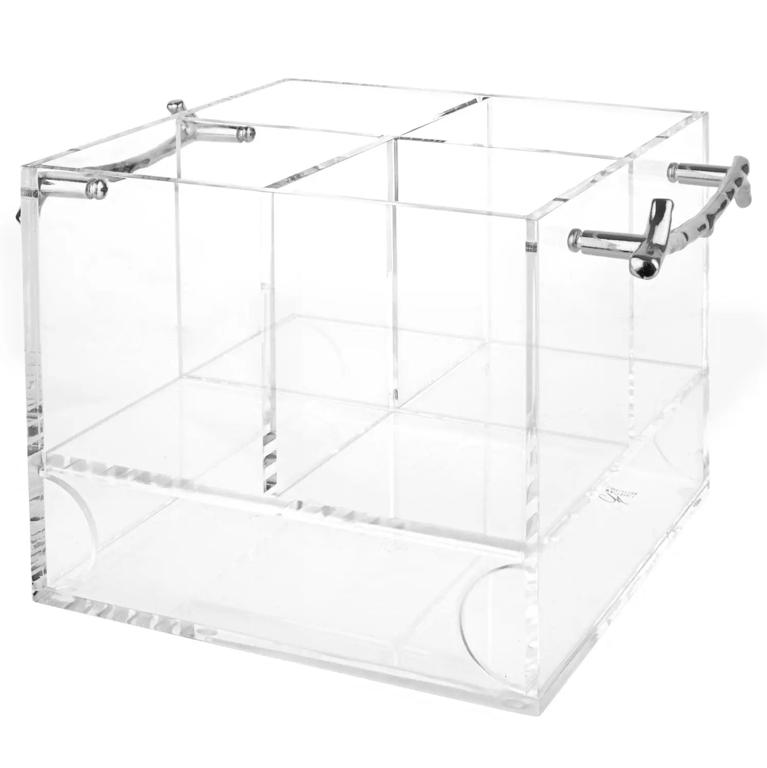 Clear acrylic silverware caddy with metallic twig-branch handles and divided compartments for flatware storage and table service organization.