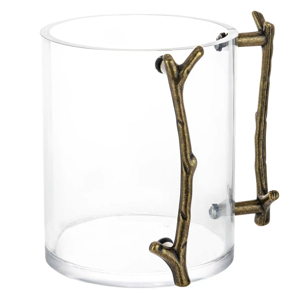 Clear glass washing cup with bronze twig-shaped handles on both sides, perfect for Shabbat rituals and handwashing ceremonies.