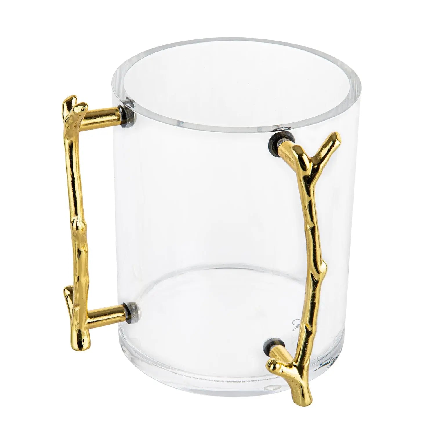 Clear glass washing cup with brass twig-shaped handles, elegant Judaica design for Shabbat and holiday rituals.