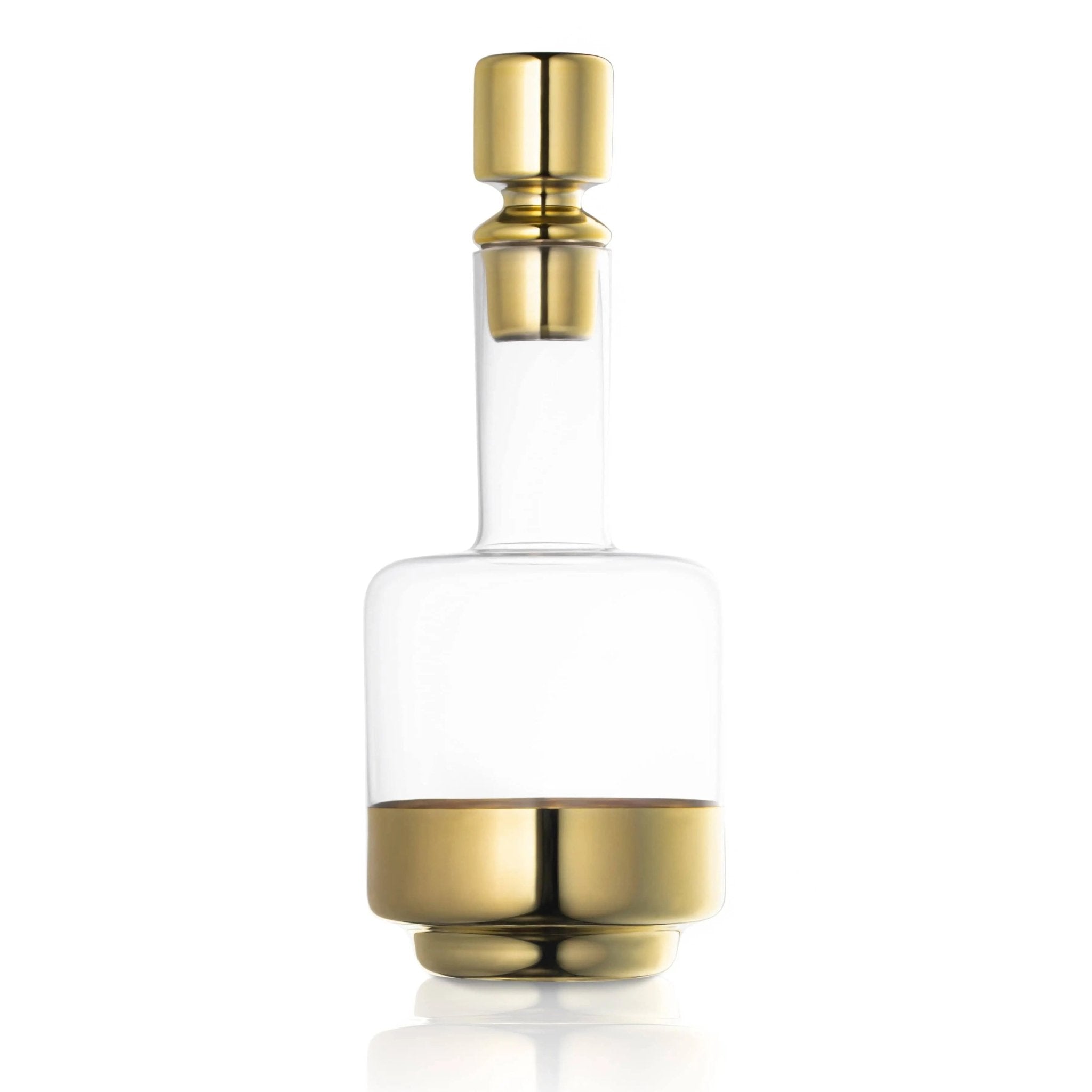 Minimalist wine decanter with clear glass body and brushed gold metal accents on top and base, displayed against white background.