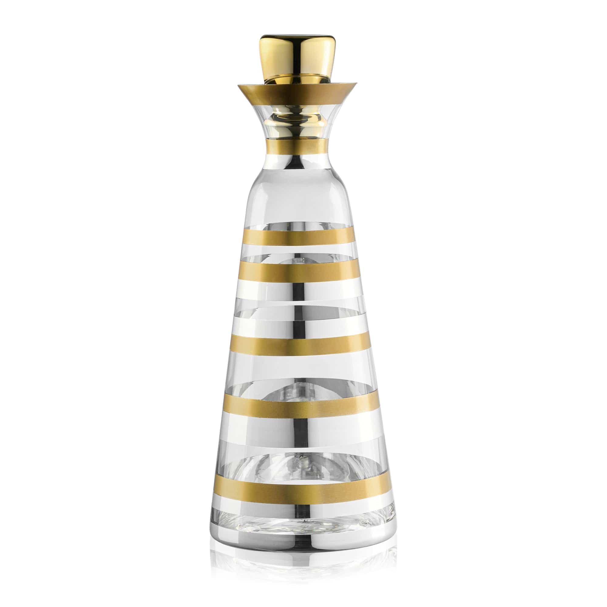 Mixed metallic wine decanter with clear glass body and gold and silver striped accents, elegant modern barware | Waterdale Collection