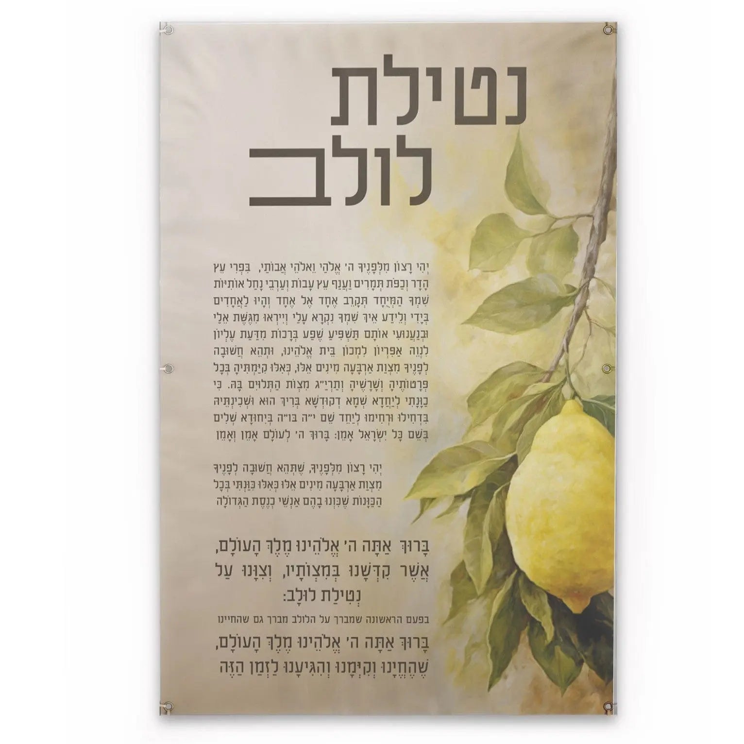 Netilas Lulav painted sukkah decoration featuring yellow citrus branches and Hebrew text on cream background vinyl wall art.