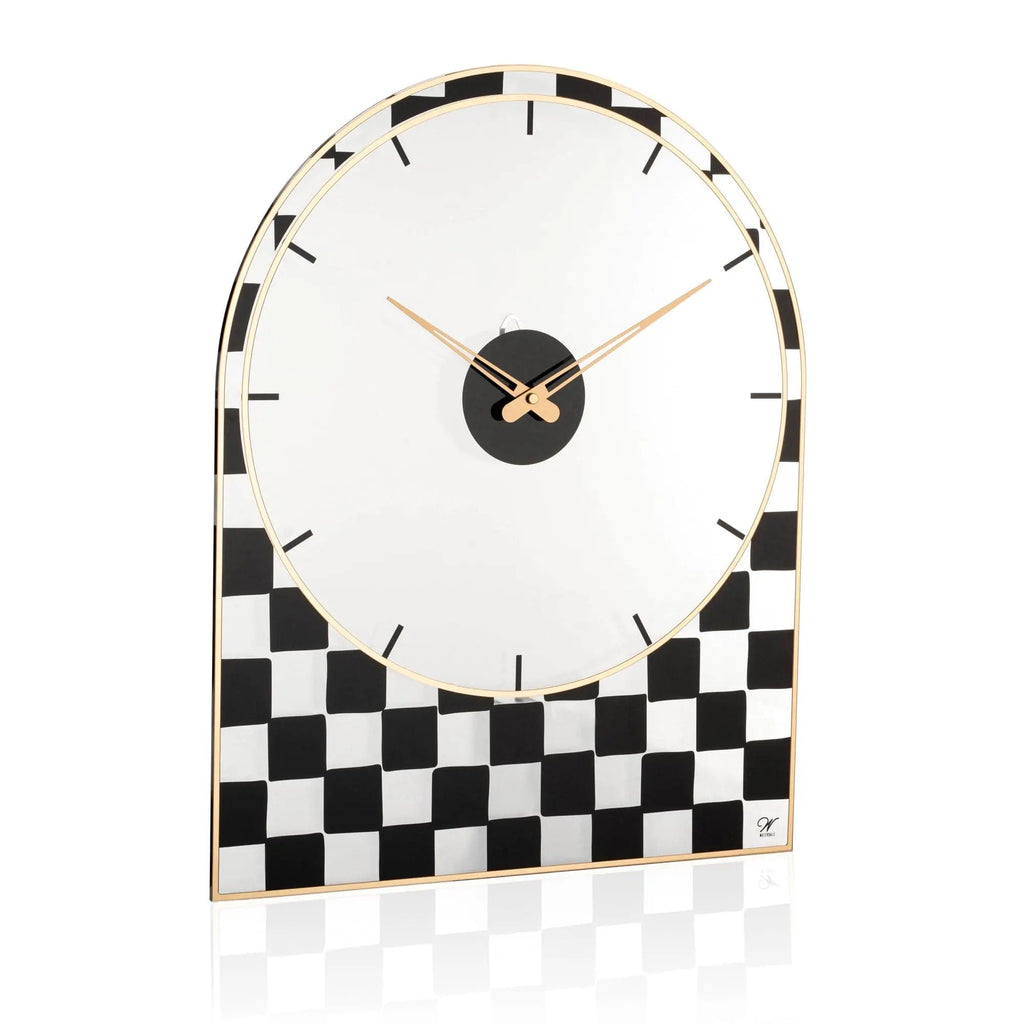 Onyx Collection Lucite wall clock with black checkered pattern base, white face, and gold accents on floating frame.