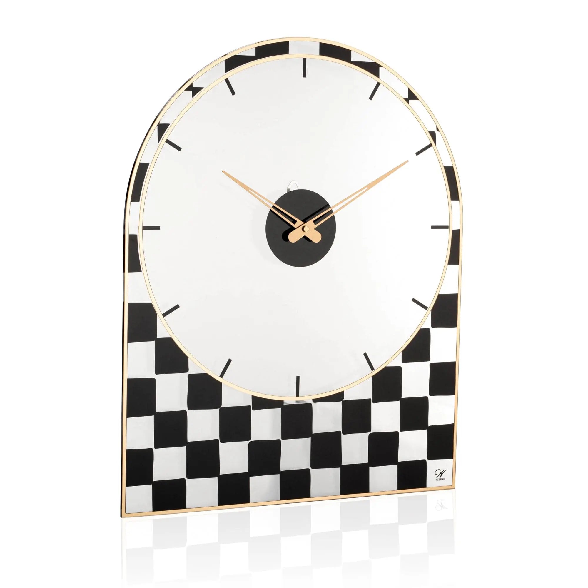 Onyx Collection Lucite wall clock with black checkered pattern base, white face, and gold accents on floating frame.