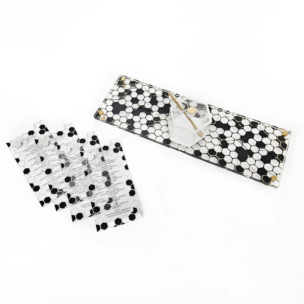 Onyx Simanim tray with black and white cards displayed for Rosh Hashanah holiday seder arrangement on white background.