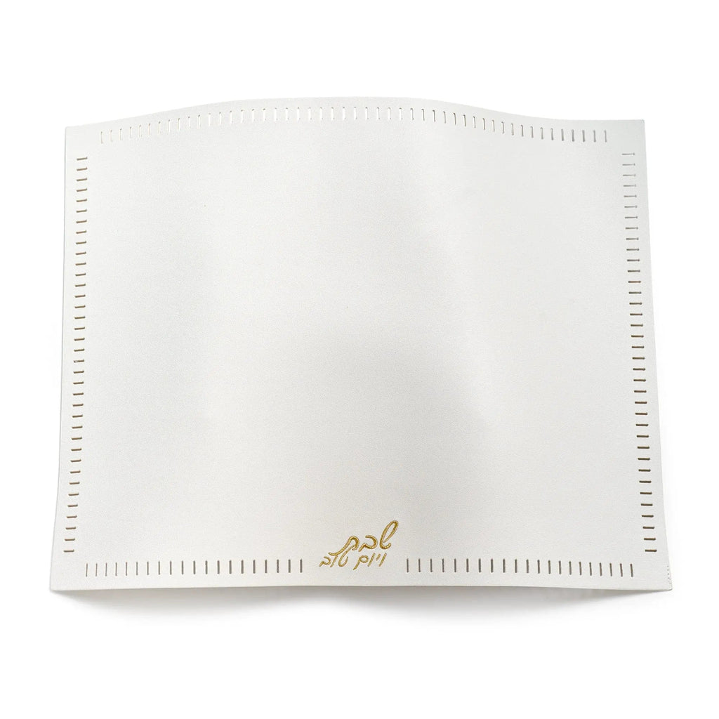 White linen challah cover with open hemstitch embroidery detail and gold accent, folded flat display view.