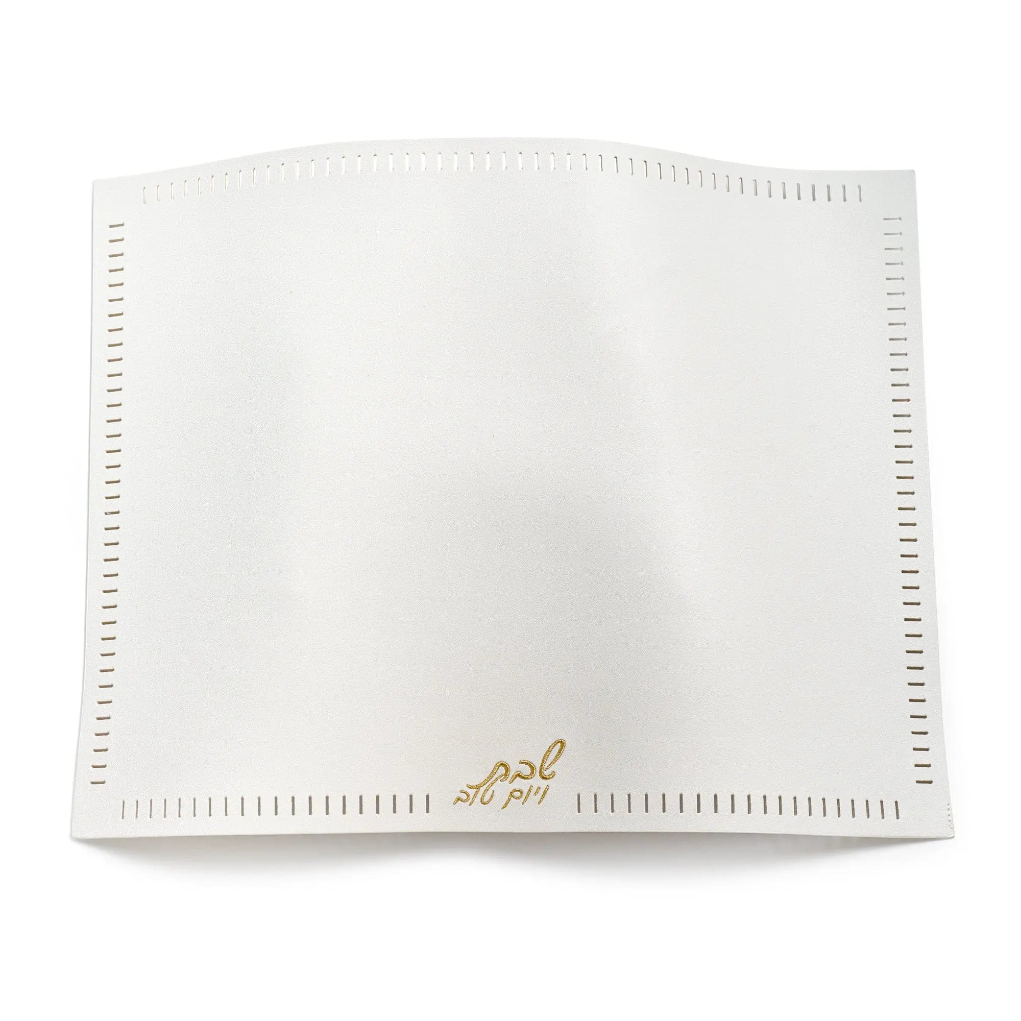 White linen challah cover with open hemstitch embroidery detail and gold accent, folded flat display view.