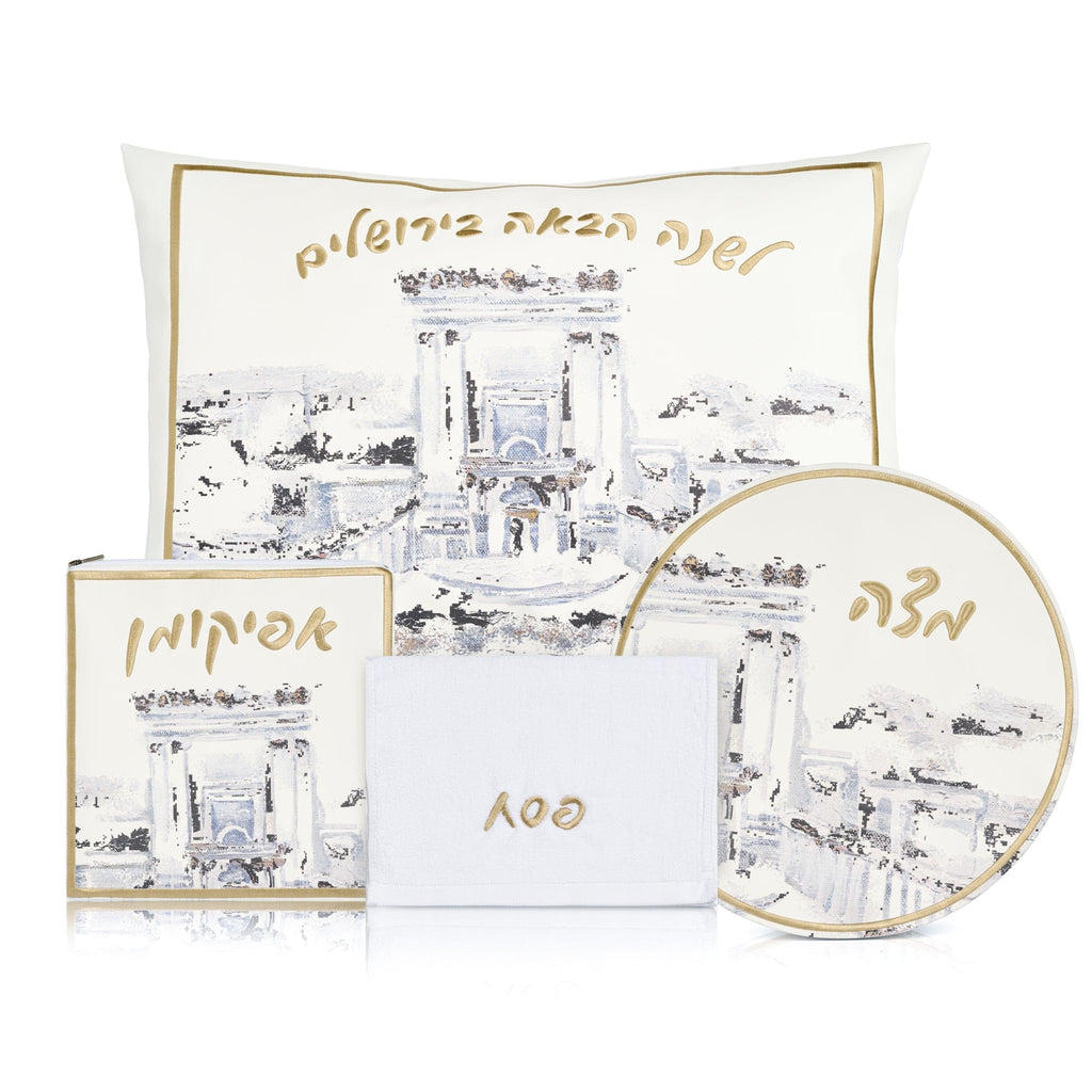 Beis Hamikdash Pesach set with hand-painted Jerusalem Temple design, white and gold Passover accessories, and Hebrew inscriptions | Waterdale Collection