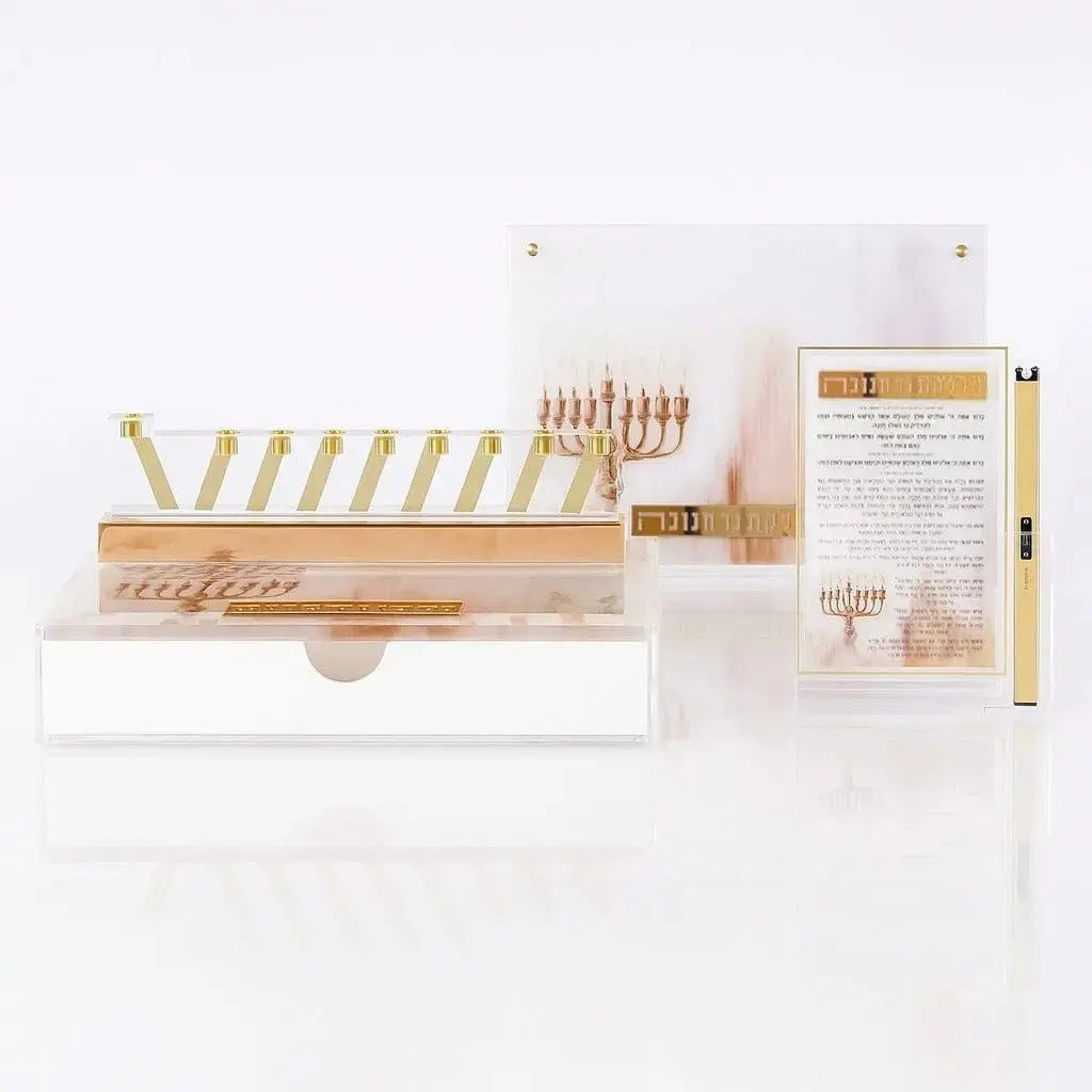 Wooden Chanukah Brachos tabletop with painted details and matching lighter, displaying Hebrew blessings in natural wood finish.