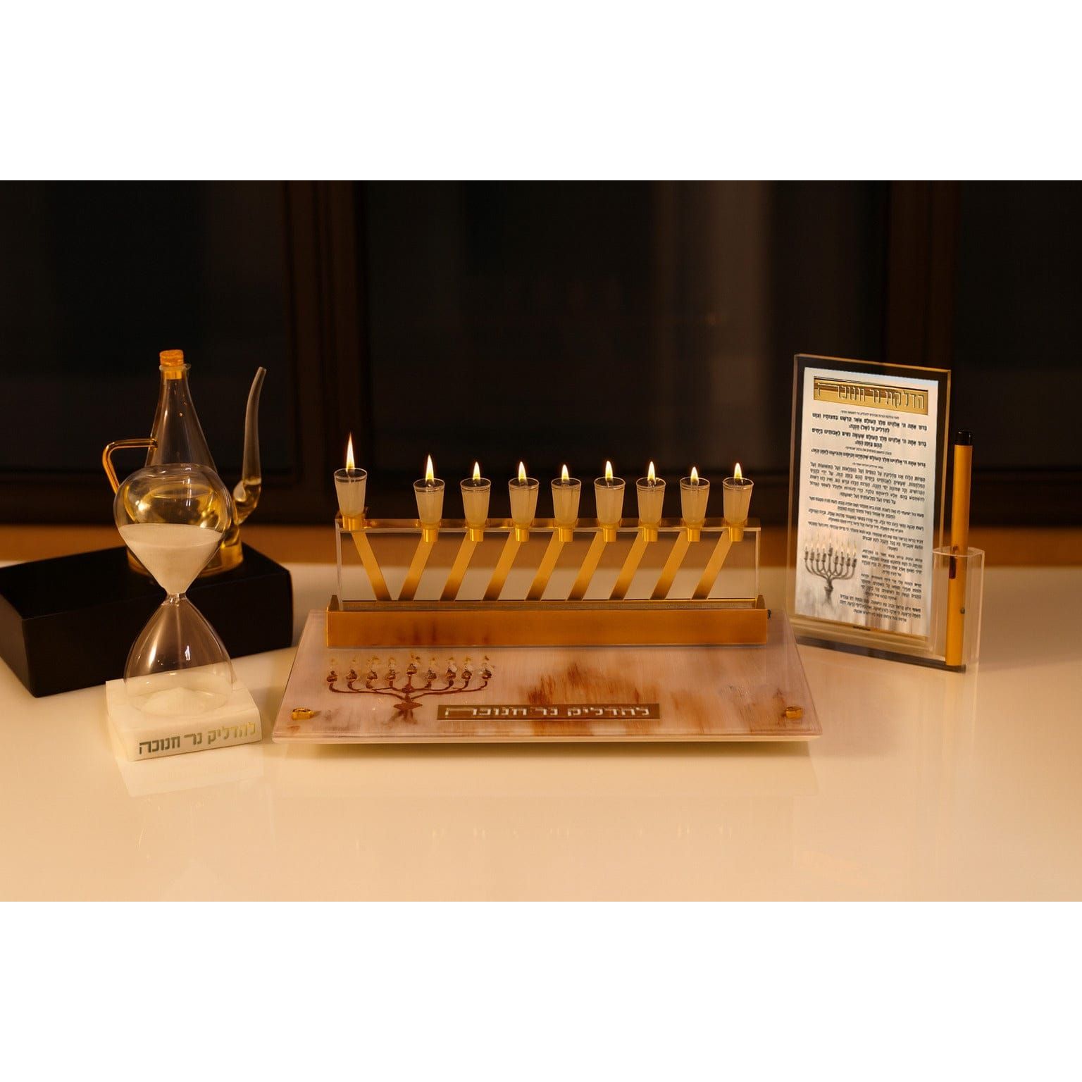 Painted by Batya 2.0 Menorah Tray featuring elegant gold-accented Chanukah design with detailed menorah artwork, modern acrylic tray for candle lighting, sophisticated Judaica décor perfect for Chanukah celebrations.