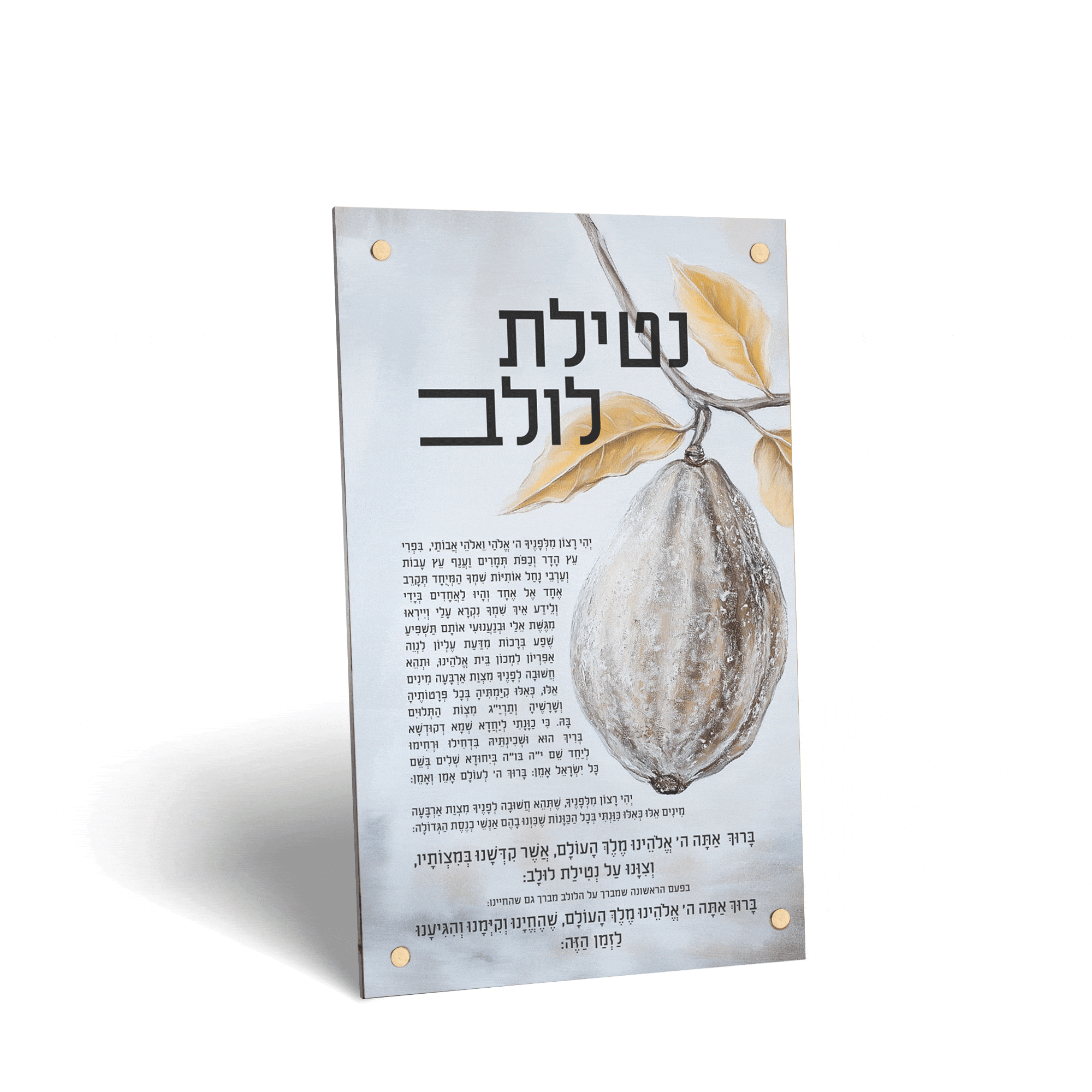 Painted by Batya Silver sukkah decoration featuring an etrog design in cream and gold tones on product packaging.
