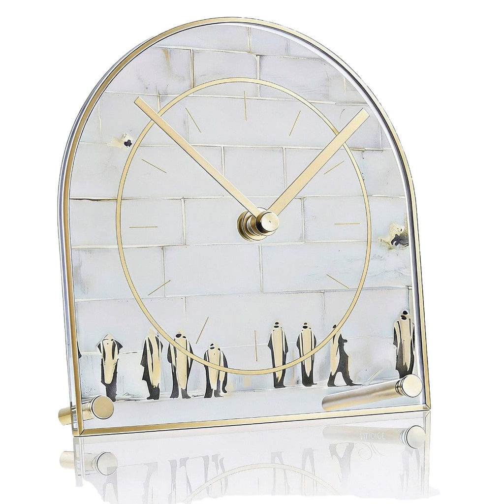 Arched acrylic desk clock featuring a painting by Judy Kosel of figures at the Western Wall with gold-tone hands and hardware.