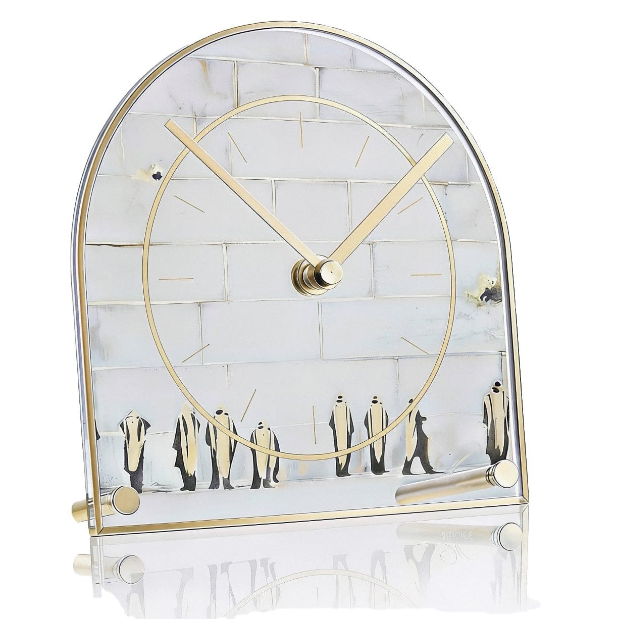 Arched acrylic desk clock featuring a painting by Judy Kosel of figures at the Western Wall with gold-tone hands and hardware.