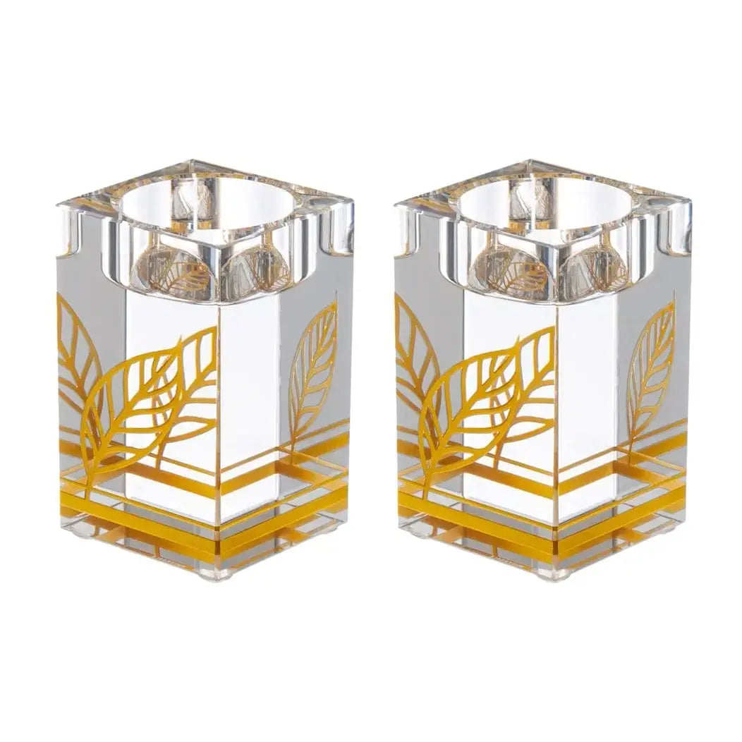 Pair of painted crystal tea light holders with gold and clear glass design, Waterdale Collection Shabbat candles