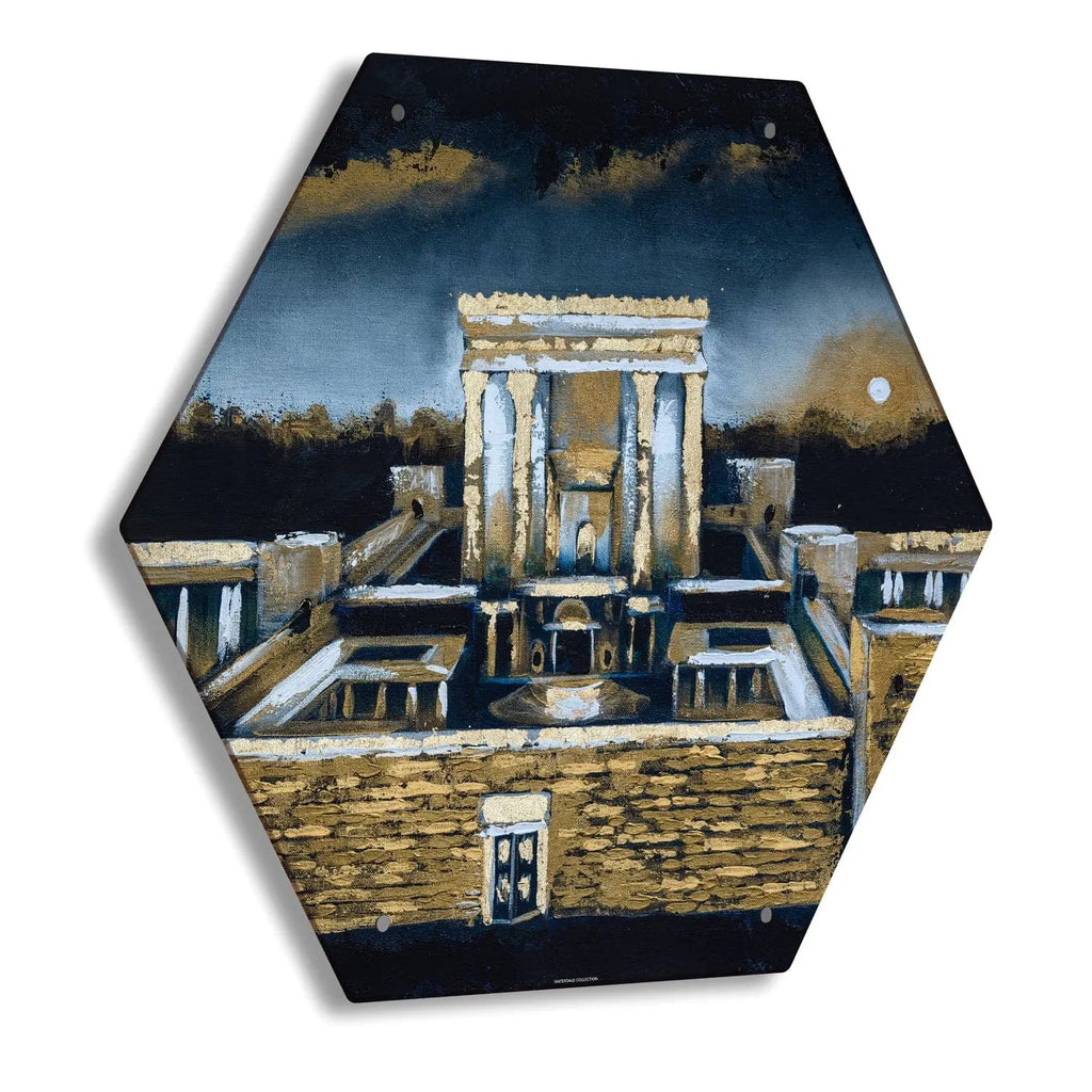 Hexagon-shaped painted sukkah decoration featuring a detailed architectural illustration of a traditional blue and gold building with columns, from Waterdale Collection.