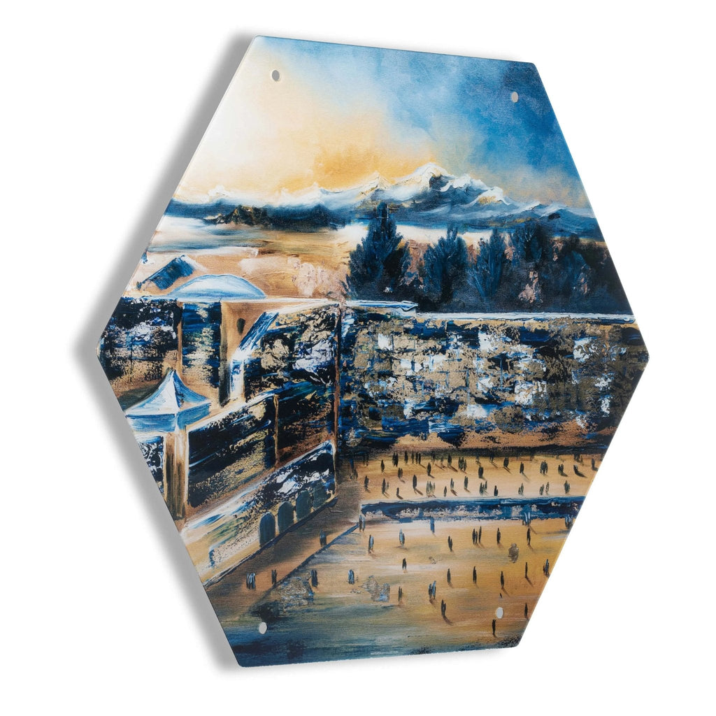 Hexagon-shaped painted sukkah decoration featuring a scenic landscape with autumn sky and water, perfect for Sukkot holiday décor.