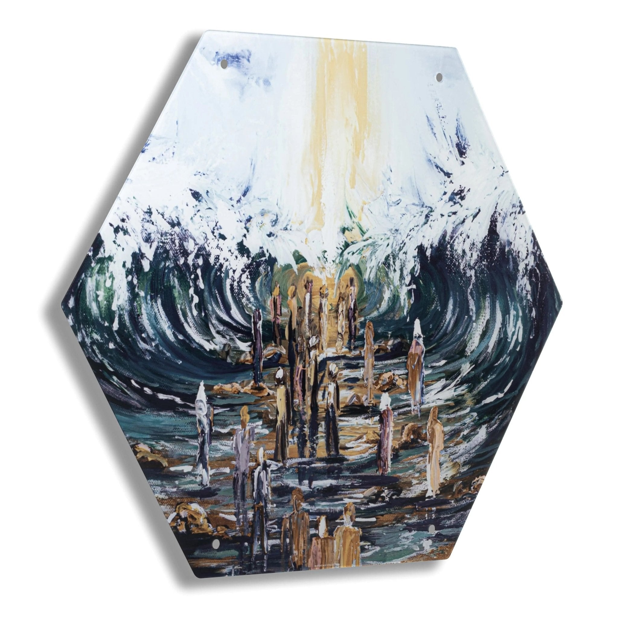Painted hexagon sukkah decoration featuring a coastal cave scene with crashing waves, wooden pilings, and stormy skies in blues and earth tones.