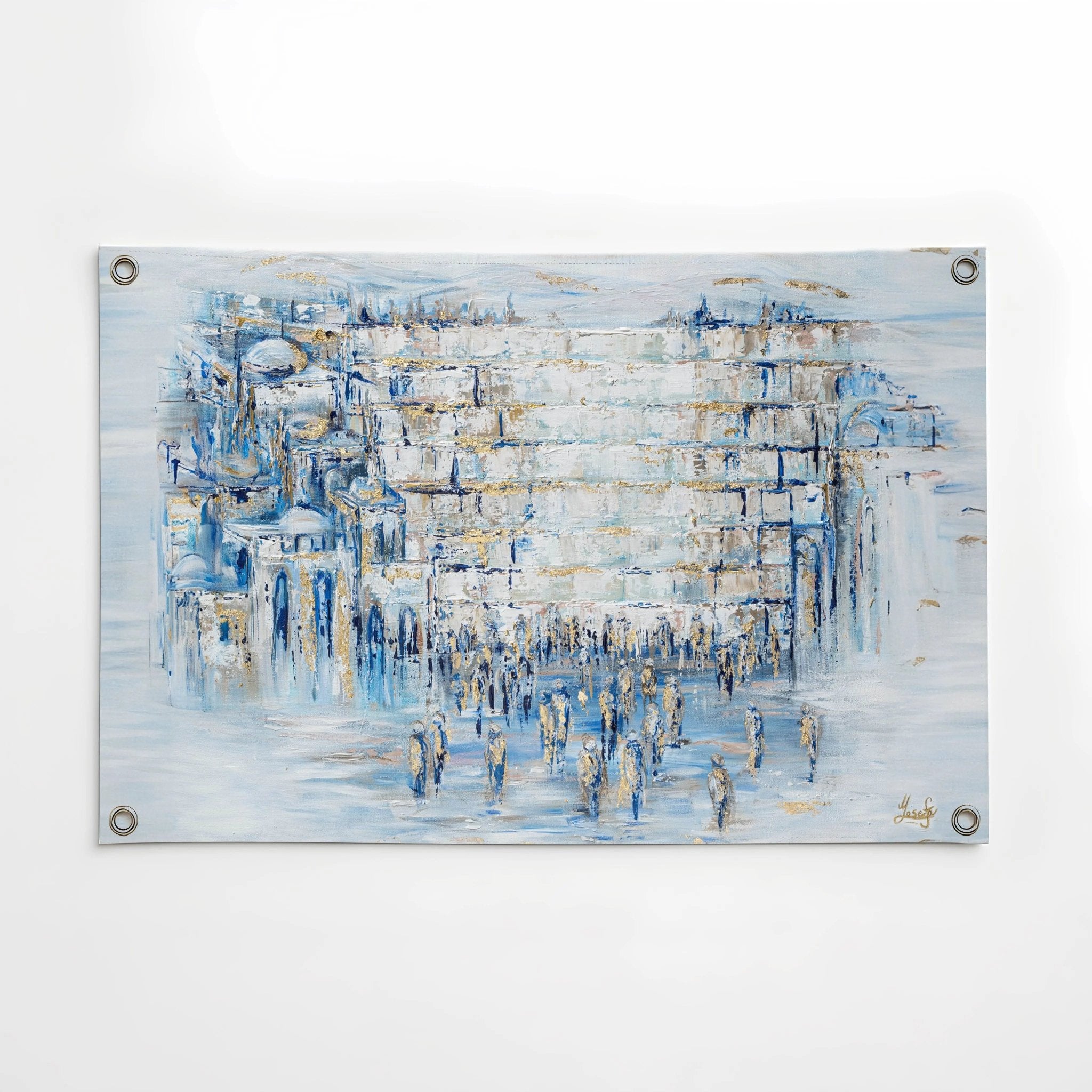 Painted Kosel by Yosefa vinyl sukkah decoration featuring blue-toned Jerusalem cityscape illustration with architectural details and figures.