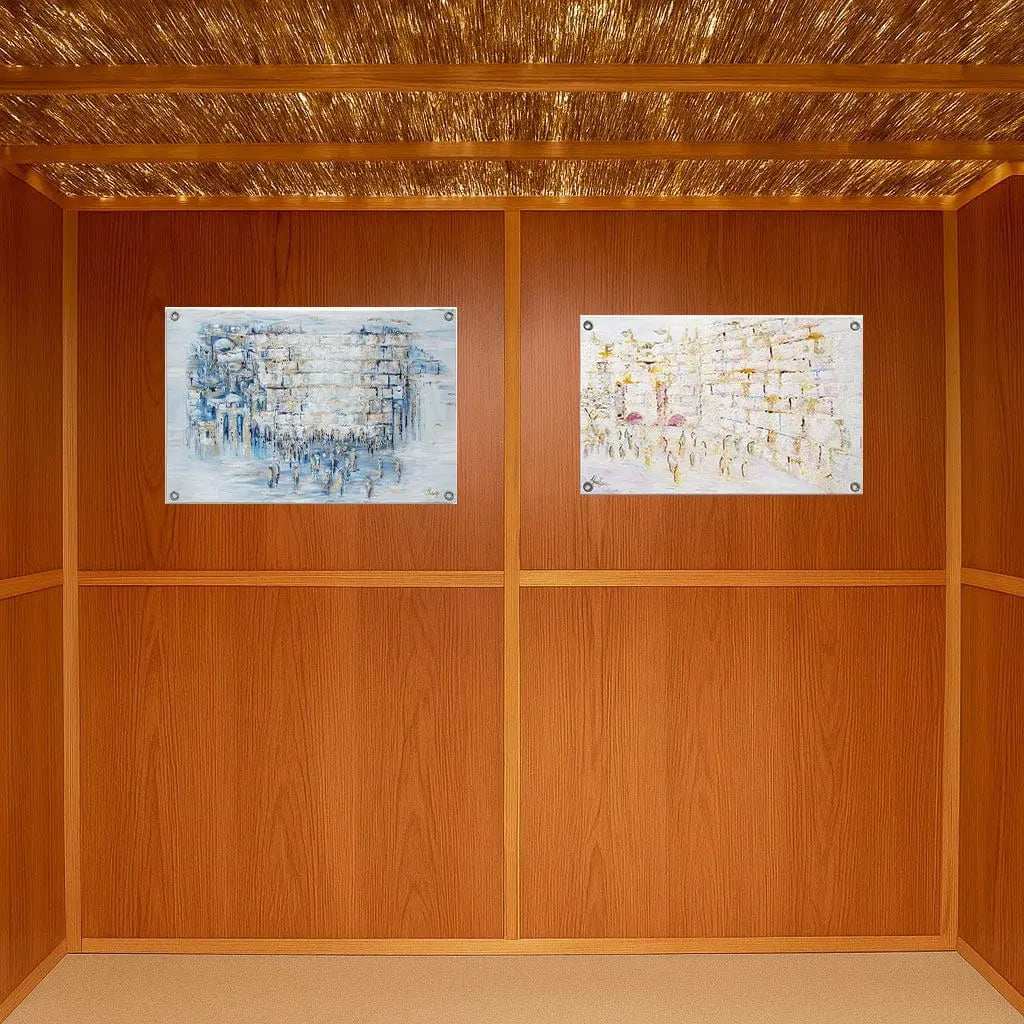 Painted Kosel by Yosefa vinyl sukkah decoration featuring blue and white Jerusalem design on wooden sukkah wall panels.