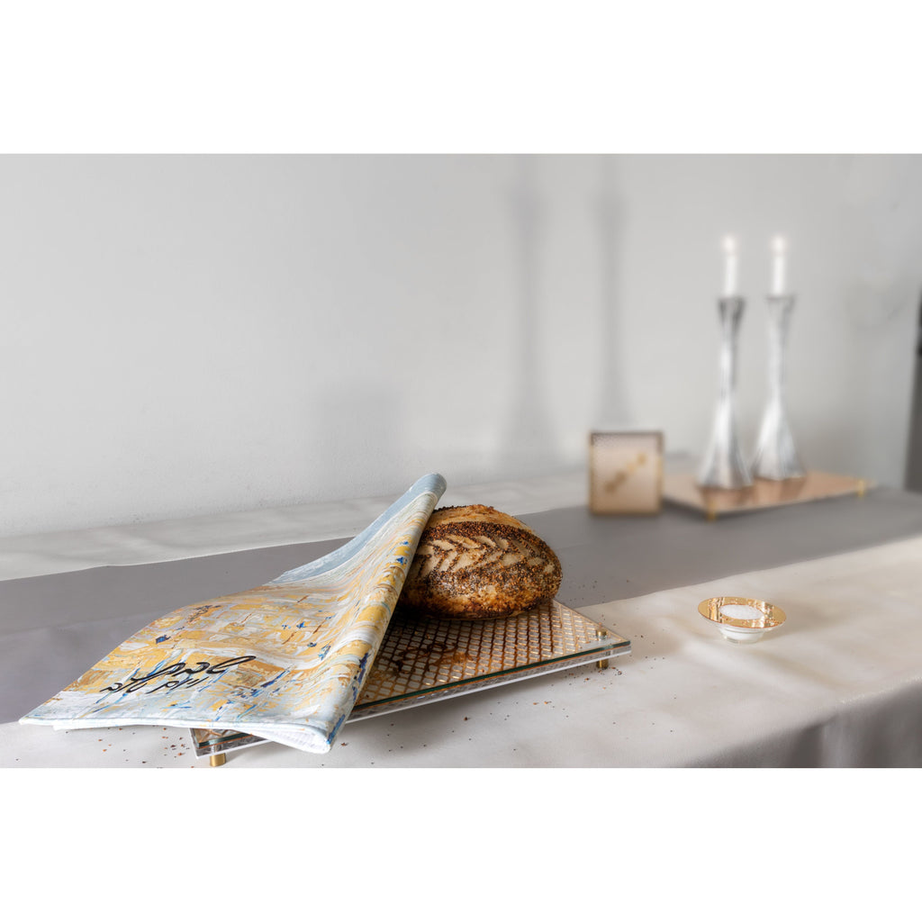 Painted Kosel of Gray & Gold Challah Cover - Waterdale Collection