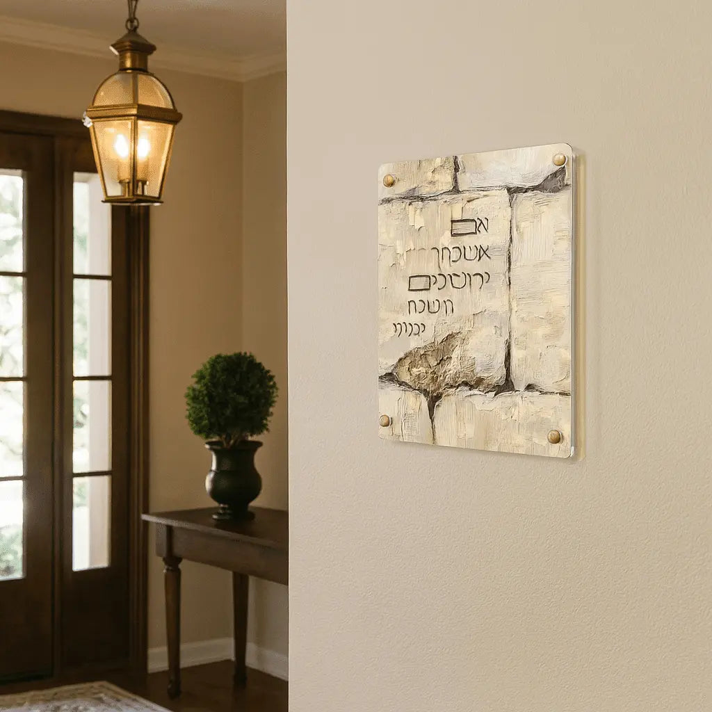 Painted stone Kosel Im Eshkachech wall art hanging in entryway, featuring beige and cream tones with Hebrew text design.