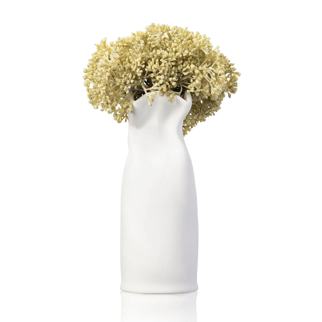 White paper bag vase filled with dried yellow baby's breath faux flowers, ideal for home decor and floral arrangements.