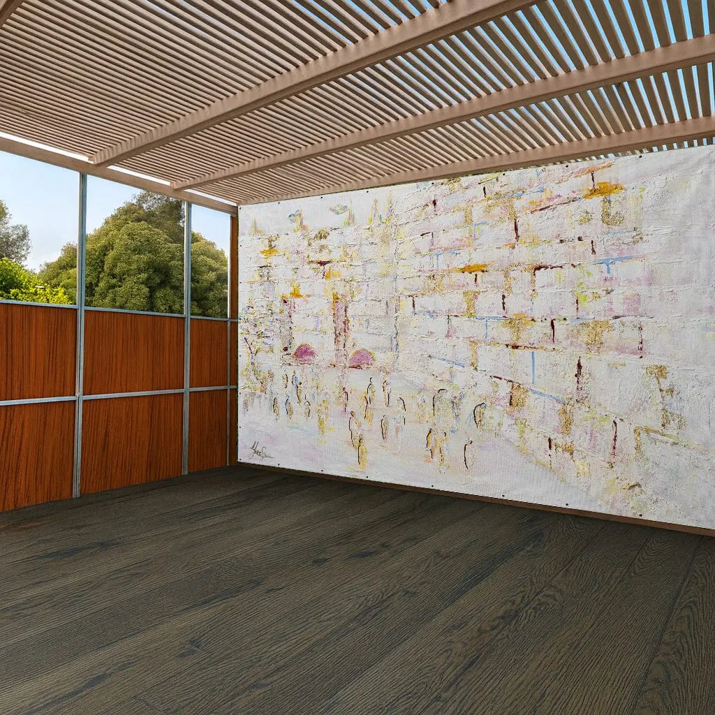 Pastel Kosel vinyl mural mounted on sukkah wall, featuring Jerusalem cityscape design in soft watercolor tones for Sukkot holiday decoration.