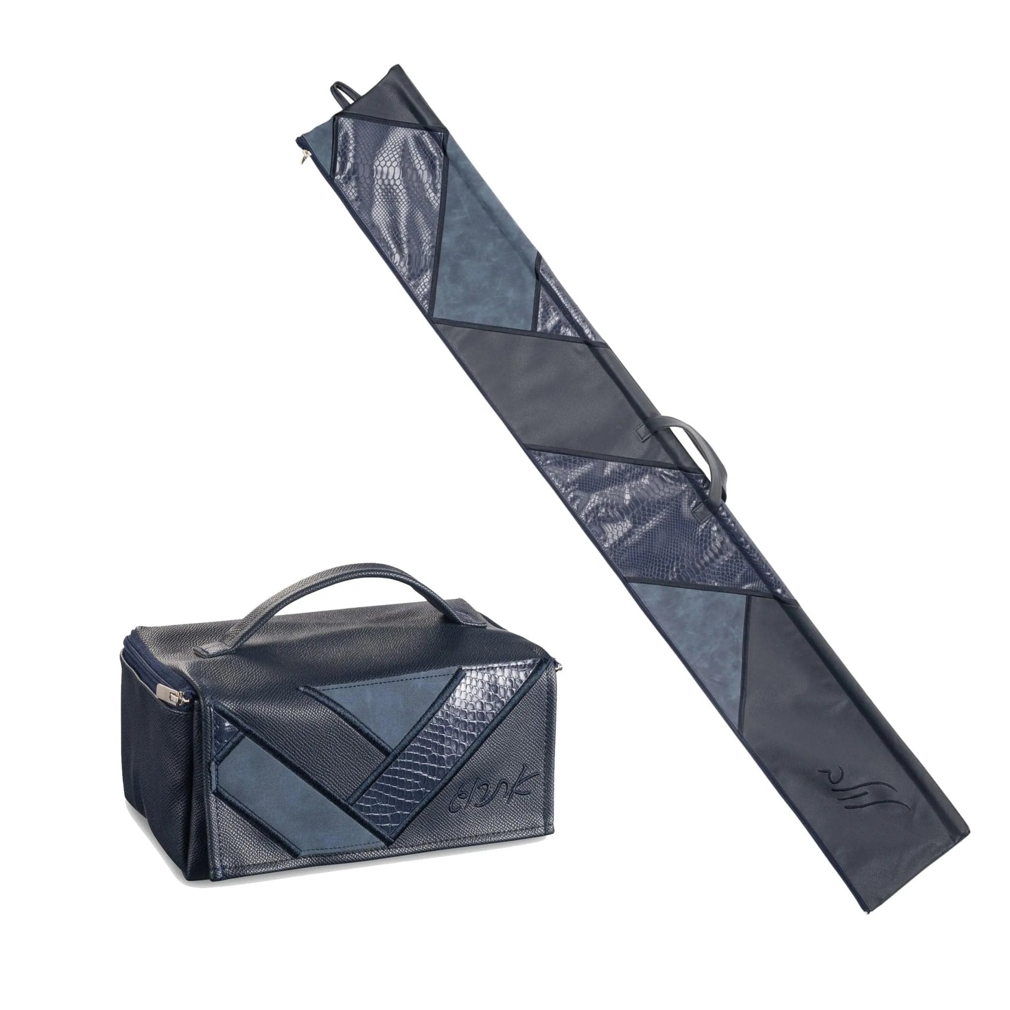 Patchwork 2 leather esrog bag in charcoal with quilted design, shown with matching small carrying case for holiday storage.