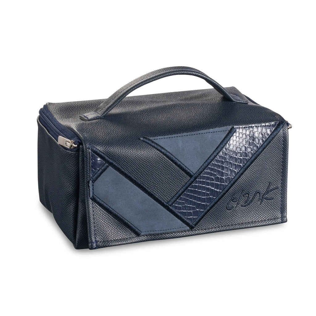 Patchwork 2 leather esrog bag in navy with geometric patchwork design, dual handles, and structured rectangular shape for holiday storage.