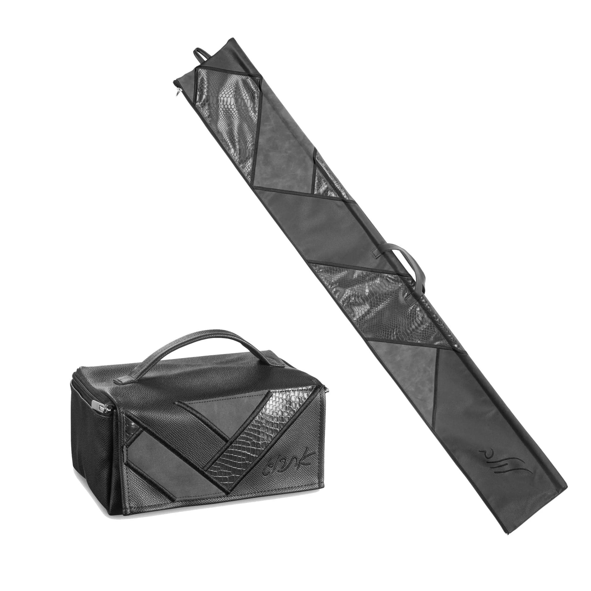 Patchwork 2 leather esrog bag in black with quilted diamond pattern, shown closed and open displaying interior compartment for Sukkot.