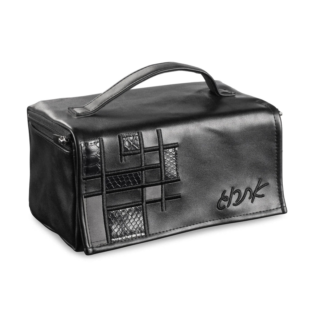 Black patchwork leather esrog bag with handle and mesh pocket detail, ideal for Sukkot holiday storage.