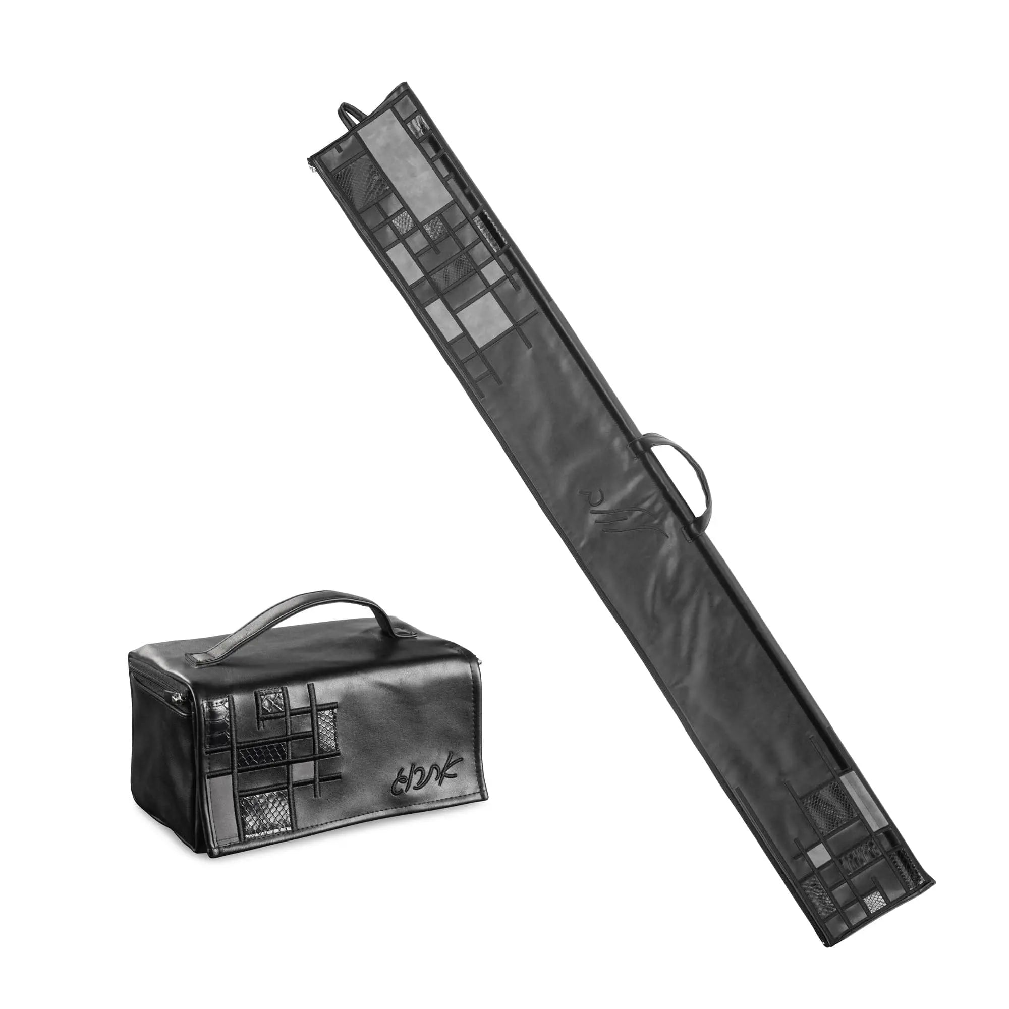 Black patchwork leather esrog bag with handle, displayed next to its matching storage case for Sukkot holiday use.
