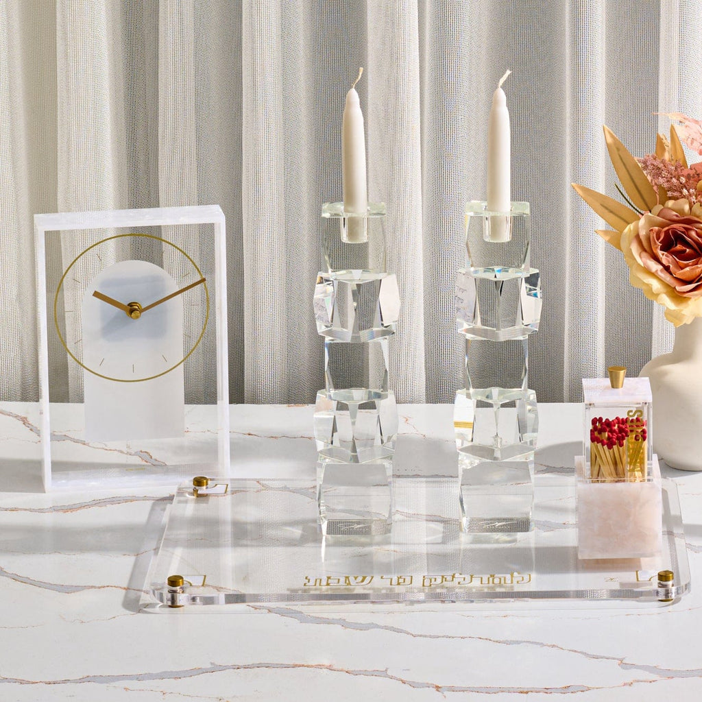 Modern Pearlstone desk clock in a minimalist frame, featuring a textured sand-toned stone finish and gold metallic hands for a luxury executive office or home study.