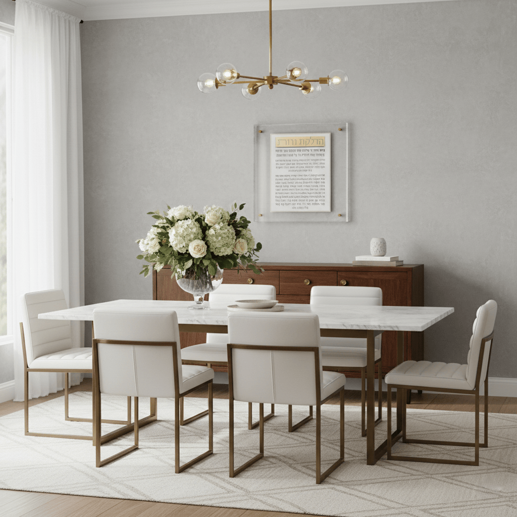 Pearlstone Frame Hadlokas Neiros Wall Art featuring elegant Hebrew candle-lighting text displayed within a sleek lucite frame accented with pearlstone details, designed to a modern dining room.