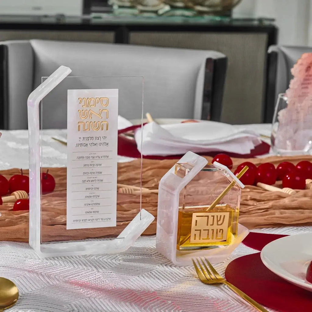Pearlstone Honey Dish in pearl marble displayed on festive holiday table with place settings and burgundy accents