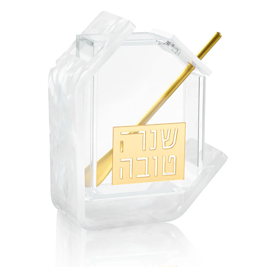 Pearlstone honey dish with pearl marble finish and wooden honey dipper, elegant tabletop judaica piece