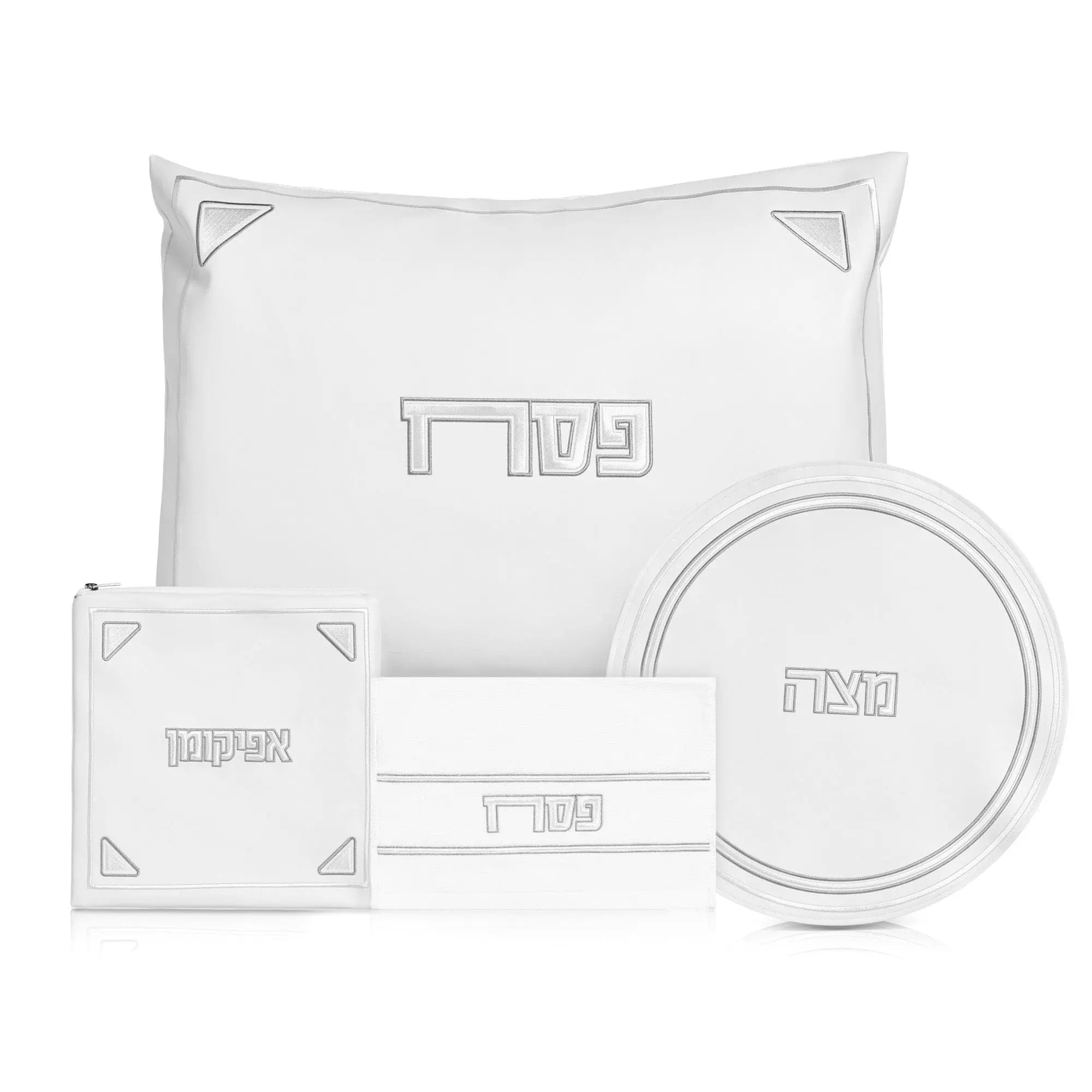Pearlstone Pesach set in white and silver featuring a marble-textured seder plate, matzah cover, and coordinating dishes by Waterdale Collection.