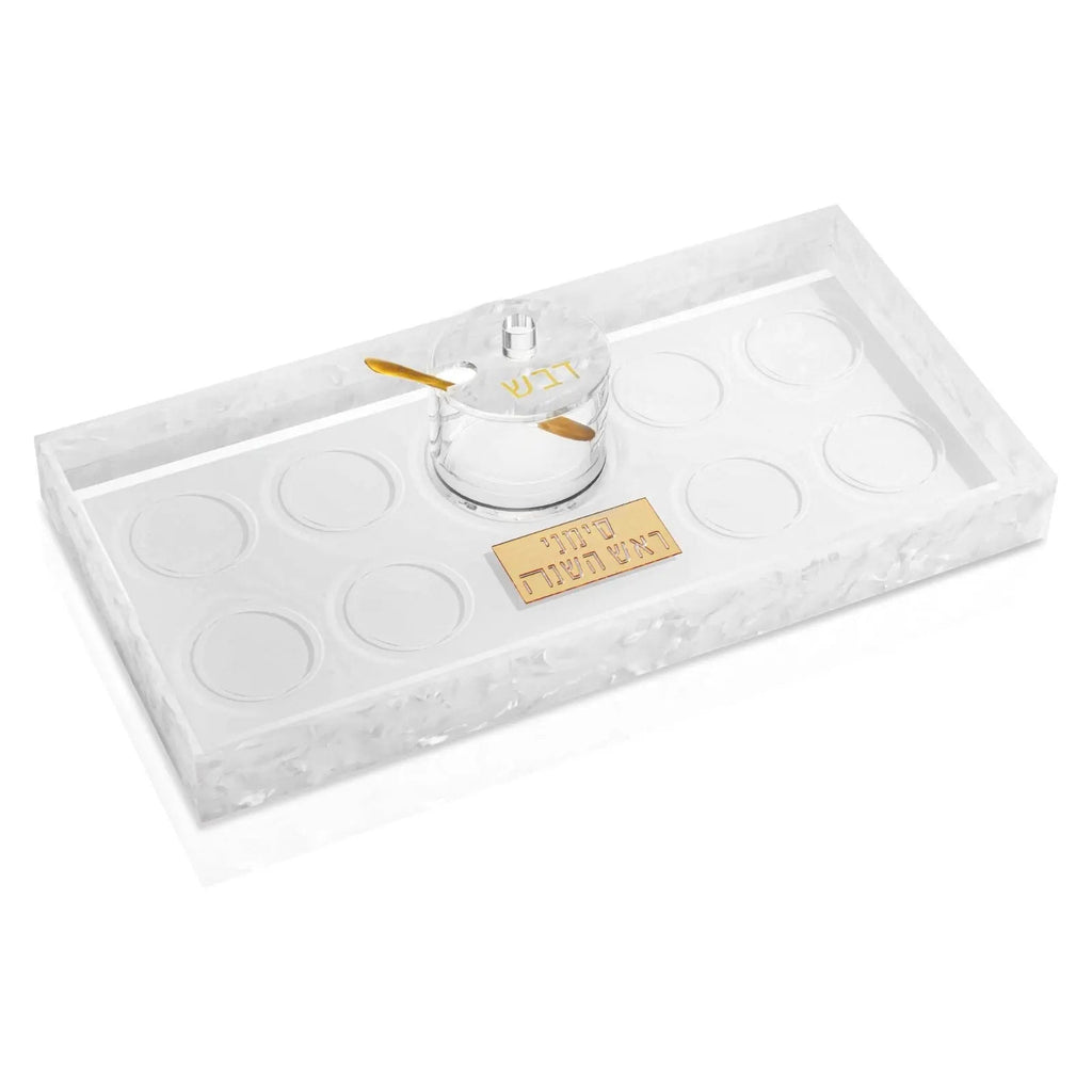 Pearlstone Simanim Tray with white marble finish and compartments for Passover seder plate items, by Waterdale Collection.