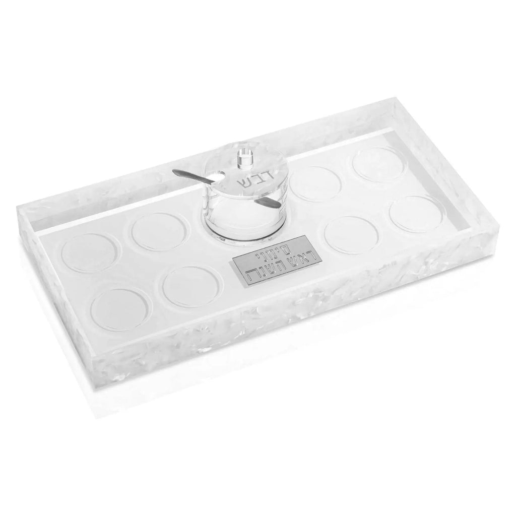 White pearl marble Pearlstone Simanim tray with compartments for Passover seder plate, Ashkenazi design by Waterdale Collection.