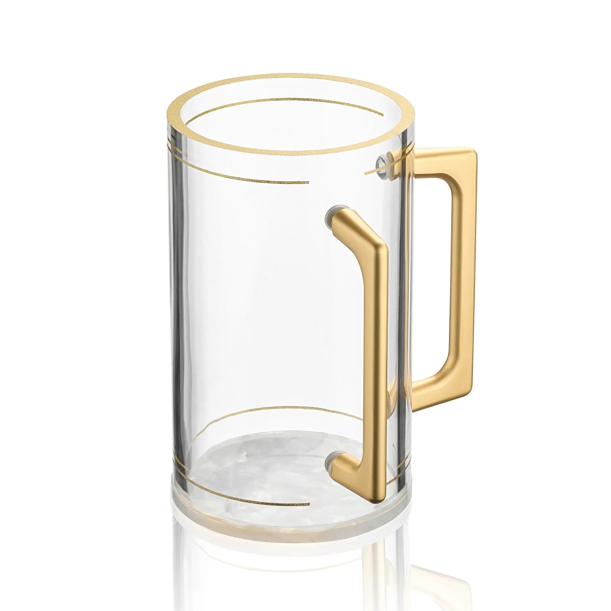 Pearlstone tall washing cup with gold-tone handle and rim trim, clear glass cylindrical design for bathroom or ritual use.