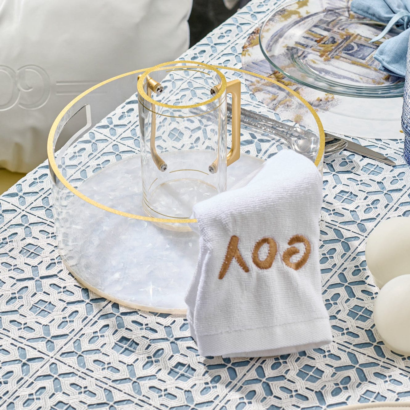 Pearlstone tall netilat yadayim washing cup with gold handle displayed on elegant table setting – Waterdale Collection