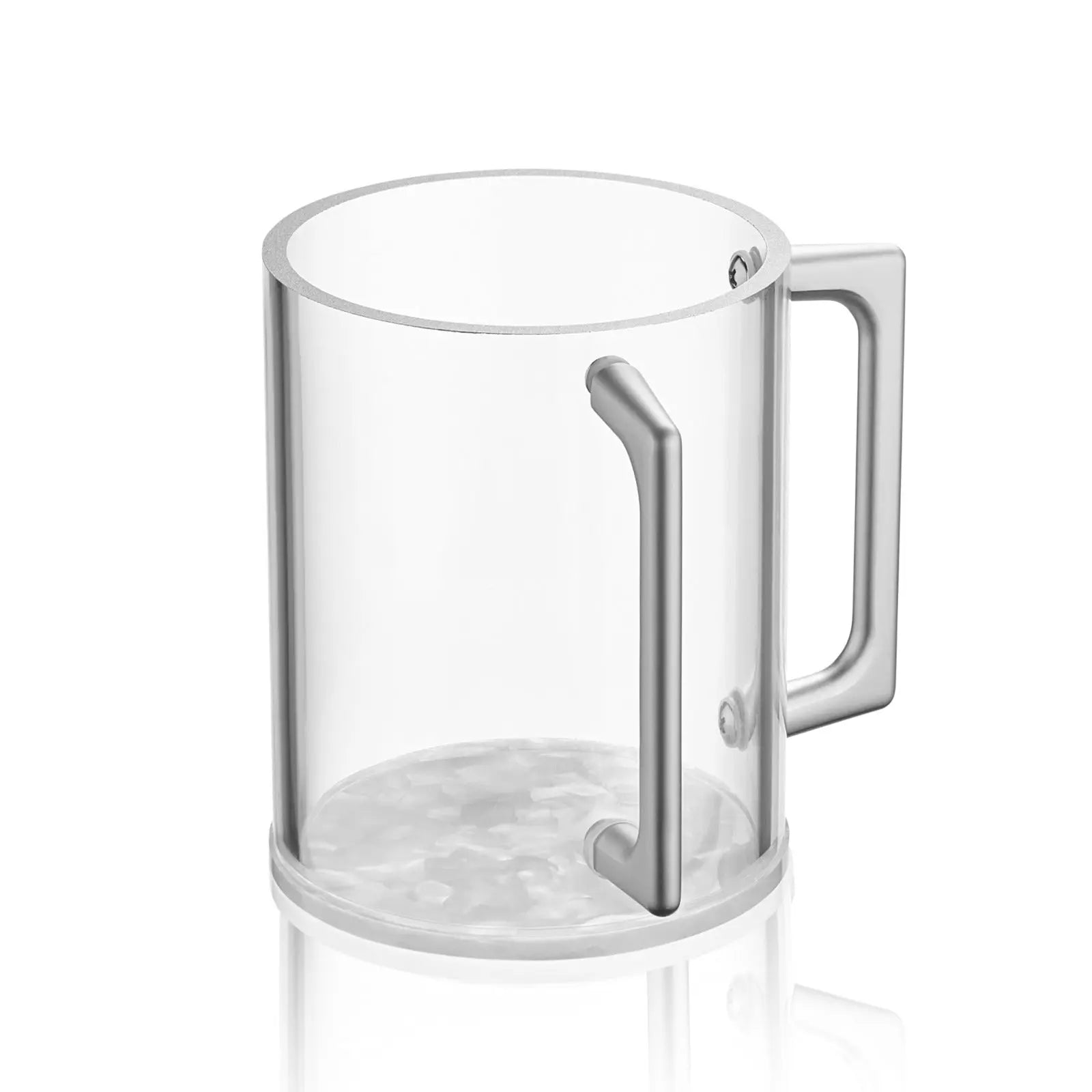 Pearlstone washing cup with clear glass body and white marble-effect exterior, featuring a curved handle for handwashing rituals.