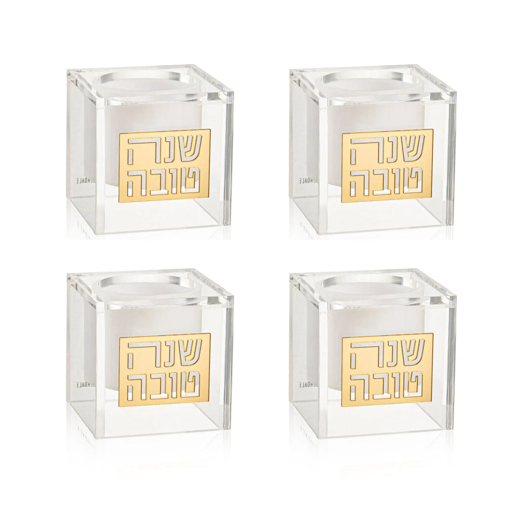 Four clear glass suspended honey dishes with gold-colored tops by Waterdale Collection, arranged in a grid display.