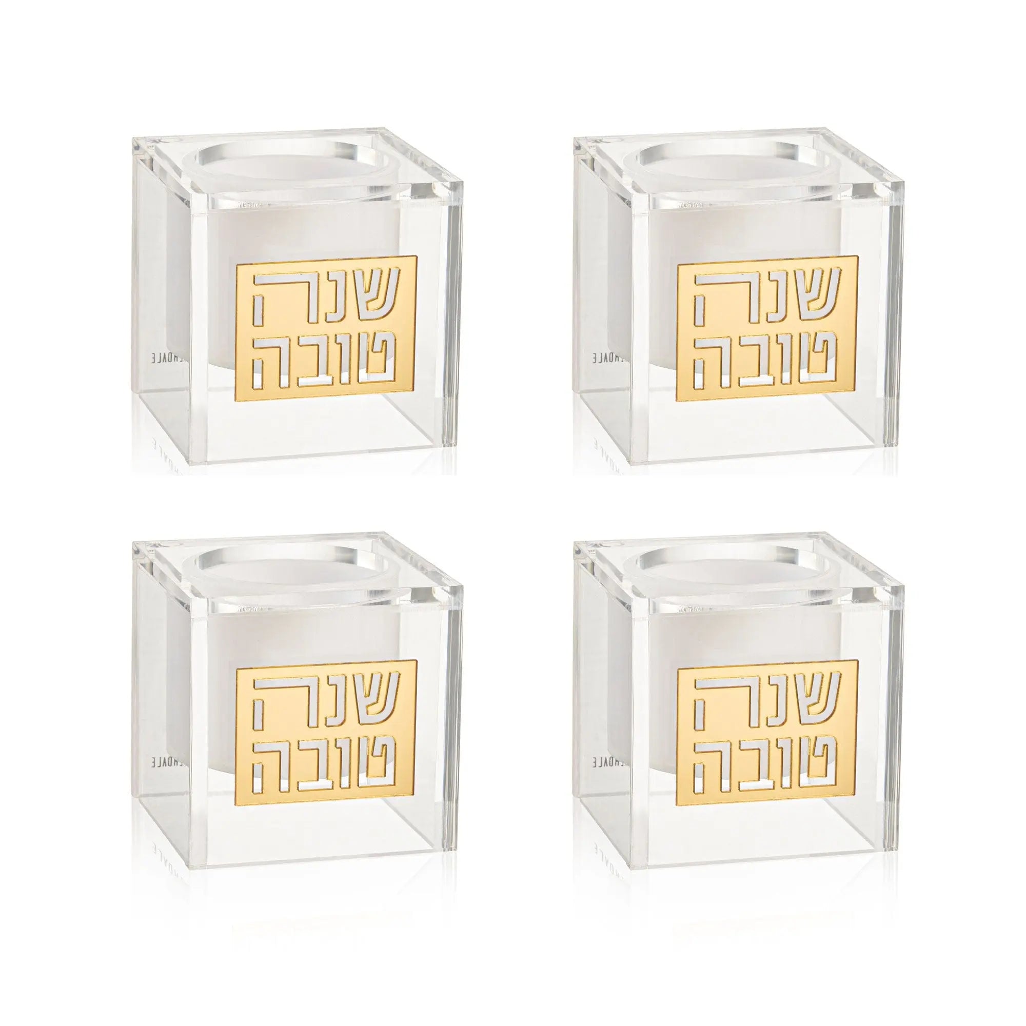 Four clear glass suspended honey dishes with gold-colored tops by Waterdale Collection, arranged in a grid display.